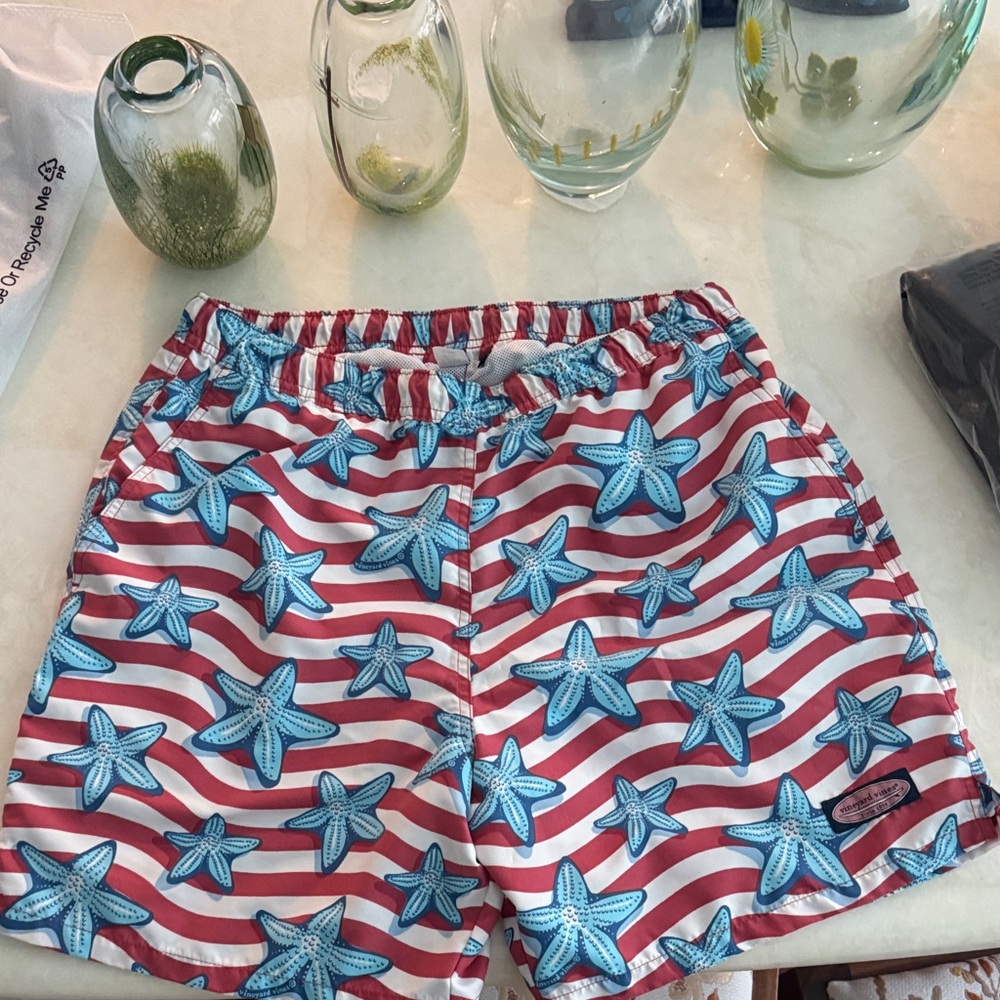 Vineyard Vines Red and White Striped Swim Shorts with Blue Starfish